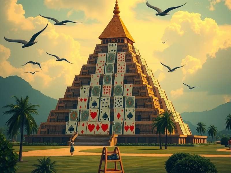 Pyramid Solitaire ASMR गेम का इंटरफेस, शांत वातावरण में कार्ड्स का पिरामिड