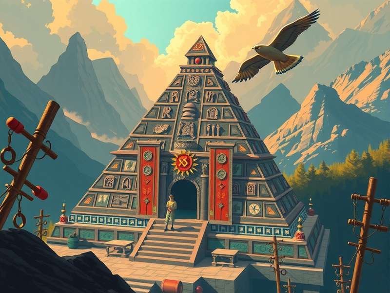 पिरामिड सॉलिटेयर सागा ओएसटी कवर आर्ट - एक शांतिपूर्ण, सुनहरे प्रकाश से रोशन पिरामिड कार्ड लेआउट