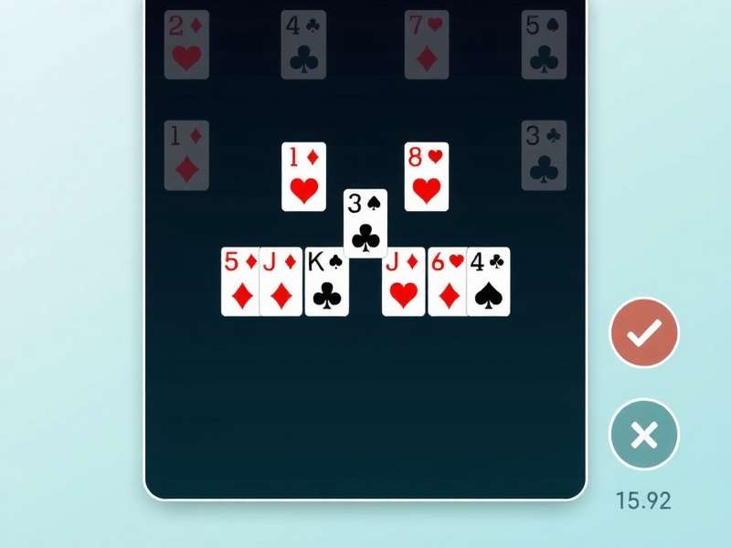 A close-up of a hand playing Pyramid Solitaire with cards arranged in a pyramid shape on a wooden table