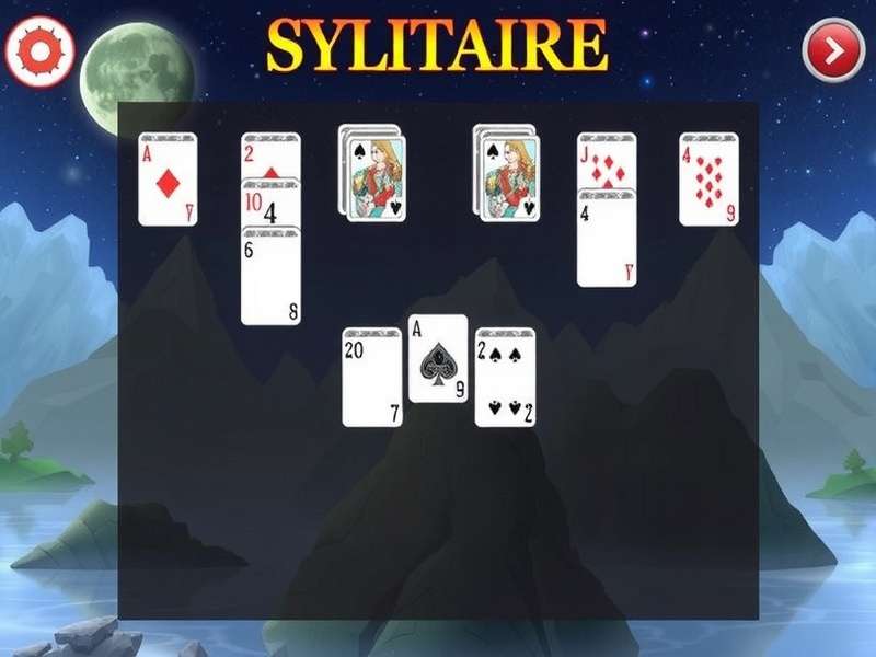 A close-up of playing cards arranged in a pyramid solitaire layout on a wooden table