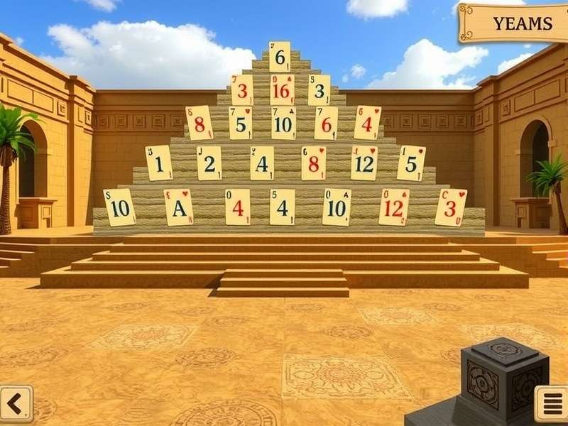 Ancient Egyptian themed Pyramid Solitaire game interface with golden cards and pyramids