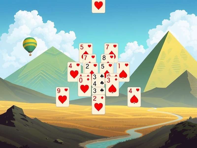 A hand arranging cards in the classic pyramid solitaire layout on a green felt table