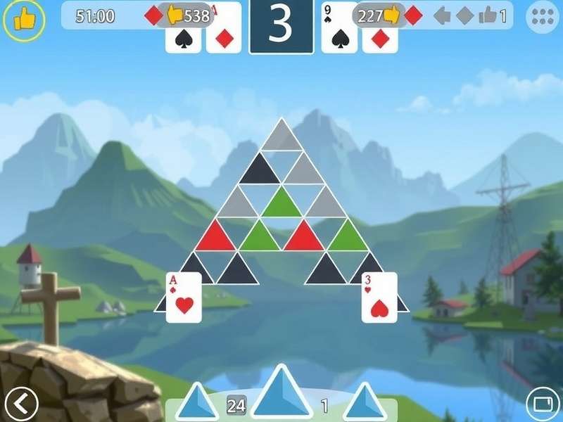 Pyramid Solitaire Online Free – beautifully stacked cards in a pyramid formation on a wooden table