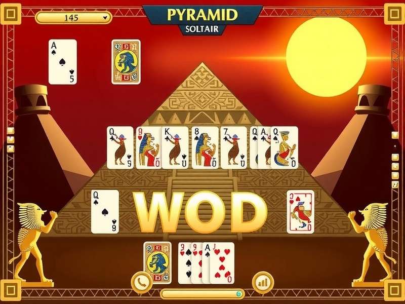 Pyramid Solitaire Ancient Egyptian gameplay layout showing the pyramid arrangement of cards with Egyptian-themed background