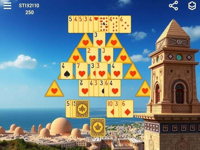 Pyramid Solitaire game layout showing the iconic pyramid card formation with gold and sand tones
