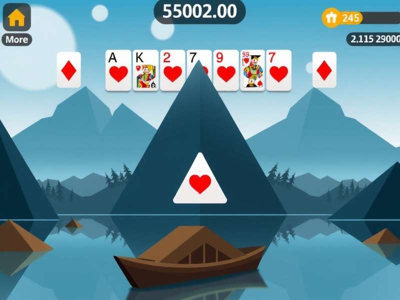 Pyramid Solitaire game layout with cards arranged in a pyramid shape on a wooden table