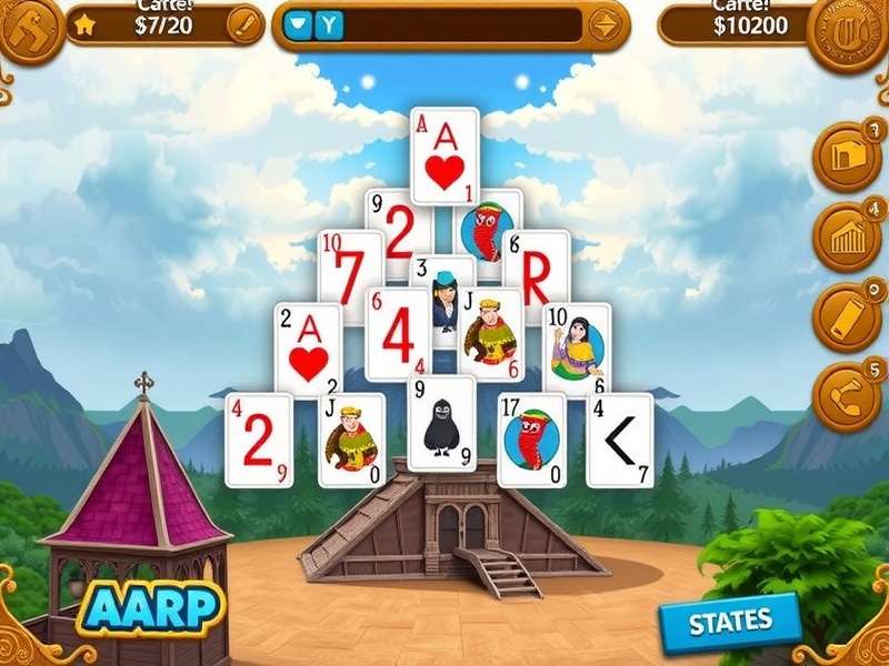 Aarp Pyramid Solitaire Game in play — a beautifully arranged pyramid of cards on a wooden table