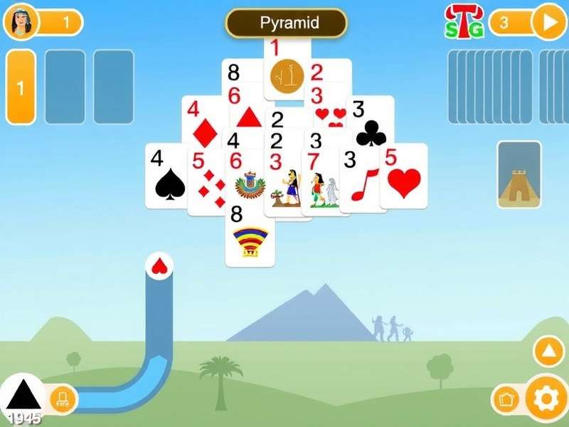 Pyramid Solitaire Ancient Egypt themed card game layout with pyramids and desert sunset