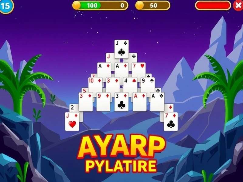 Aarp Pyramid Solitaire Unblocked game board showing a pyramid of cards with a beautiful desert sunset background
