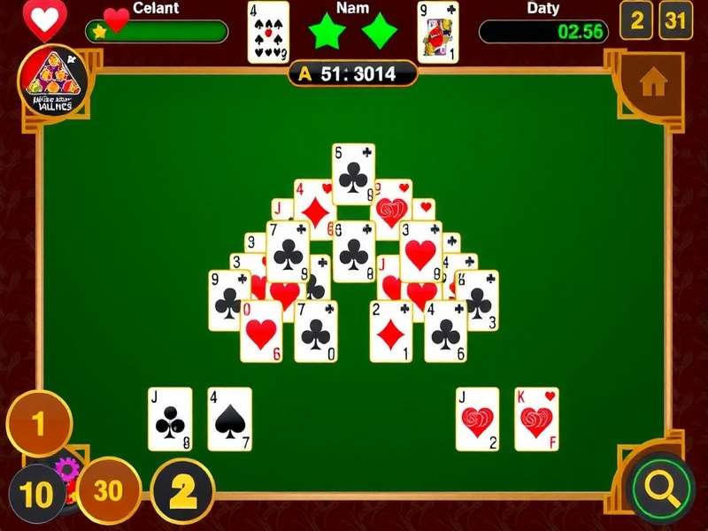 Pyramid Solitaire Aarp game setup with cards arranged in pyramid formation on a wooden table