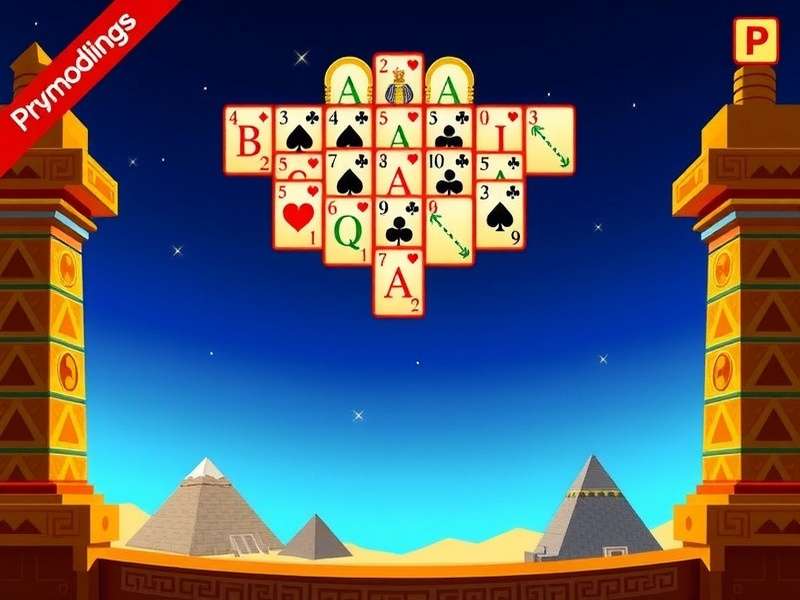 Pyramid Solitaire Ancient Egypt Facebook gameplay screenshot showing cards arranged in pyramid formation with Egyptian-themed background